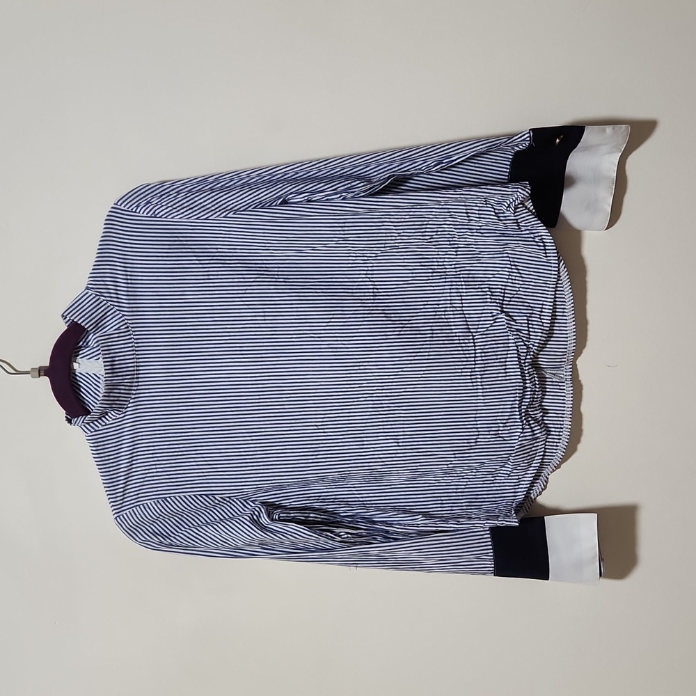 Soonyour Striped High-Neck Wide Cuff Shirt – Blue/White, Size Small